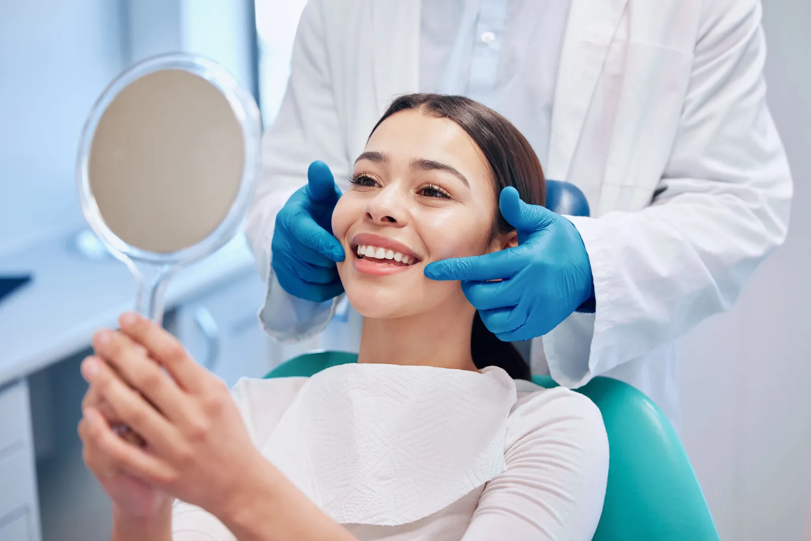 mirror and woman check smile after teeth cleaning
