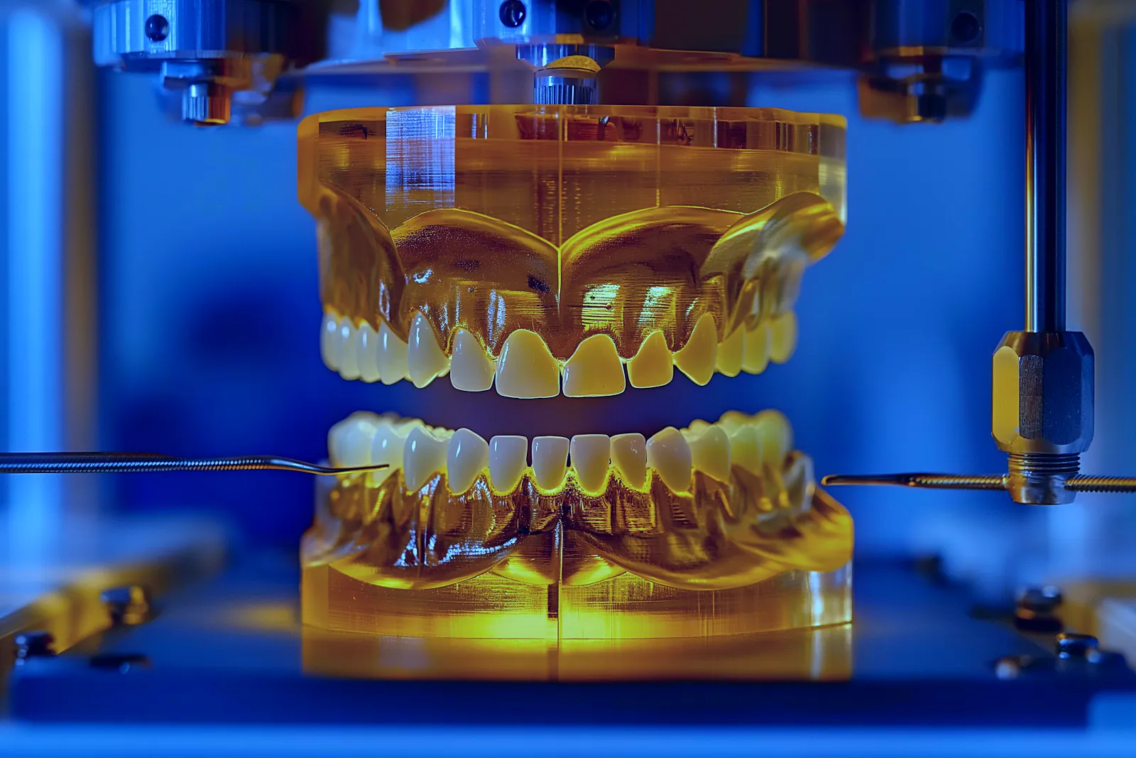 A close up of a tooth model with a machine in the background.